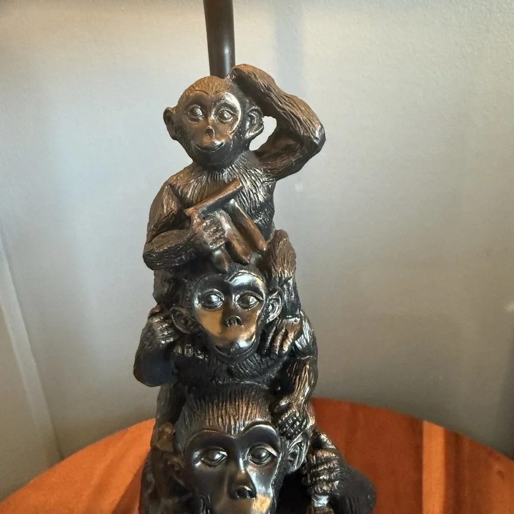 Vintage Monkey Stack Table Lamp Resin Safari Jungle Faux Leather Shade 21